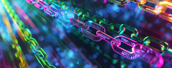 Colorful digital blockchain links on a dynamic background.