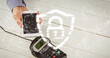 Image of network of connections and security padlock over smartphone and payment terminal