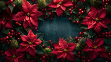Vibrant Red Poinsettias With Green Leaves And Holly Berries On A Dark Textured Background, Creating A Festive Christmas Theme.