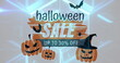 Halloween sale text banner with scary pumpkin and bats icons against glowing blue tunnel