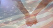 Image of flag of united states of america over couple holding hands