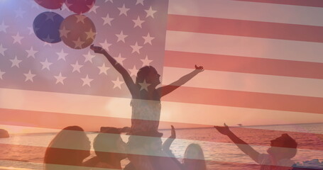 Poster - Image of flag of united states of america over friends having fun