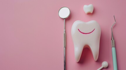 Wall Mural - A toothbrush and toothpaste are on a pink countertop next to a smiling tooth