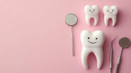 Wall Mural - A toothbrush and toothpaste are on a pink countertop next to a smiling tooth