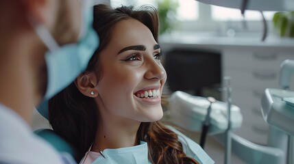 Wall Mural - A woman is sitting in a dentist's chair with a smile on her face. A man is standing behind her, wearing a mask. Concept of trust and comfort between the patient and the dentist