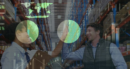 Poster - Image of financial graphs over happy diverse female and male warehouse workers clapping hands