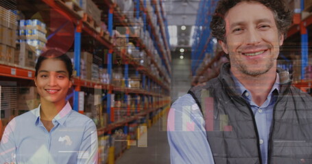 Wall Mural - Statistical data processing over diverse two male and female supervisor smiling at warehouse