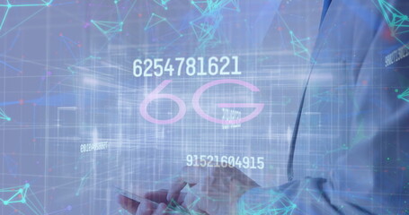 Sticker - Image of 6g and numbers over hands of caucasian businessman using smartphone