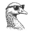 Stylish goose in sunglasses sketch engraving generative ai fictional character raster illustration. Scratch board imitation. Black and white image.