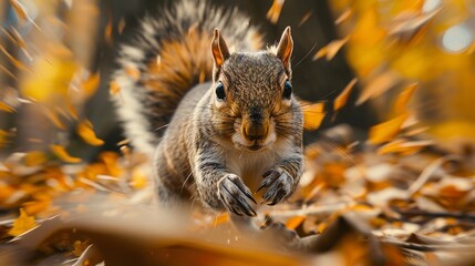 Wall Mural - Squirrel amidst fall colors, close-up in motion, straight-on shot, lively forest, autumn's bounty 