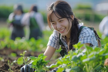 Friends and family bonding, Asian people gardening together, woman growing vegetables, community help, closeup, green farm , 8K , high-resolution, ultra HD,up32K HD