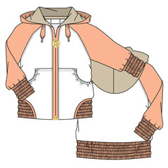 Wall Mural - Full zip up girl hoodie long sleeve elastic, kangaroo pocket, hem elastic, hood drawstring front and back view technical flat sketch vector template