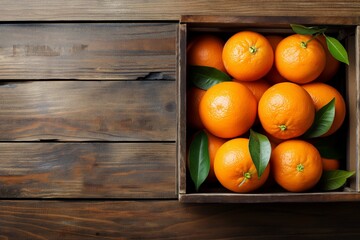 oranges with leaves in an old box on a wooden table, orange with leaves, orange closeup, orange on a