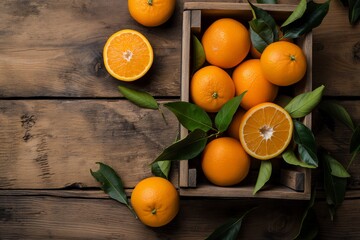 Oranges with leaves in an old box on a wooden table, orange with leaves, orange closeup, orange on a wooden table, orange, healthy food, healthy concept