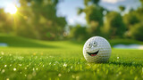 Fototapeta  - Golf ball with a smiling face on a meadow