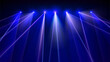Laser light show. Bright led laser beams, dj light party. Illuminated blue stage, led strobe lights. Background, backdrop for displaying products. Vector illustration