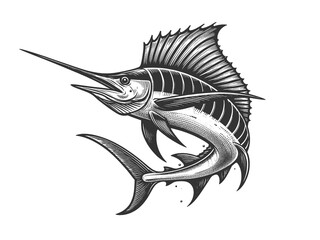 sailfish blue marlin fish sketch engraving generative ai fictional character raster illustration. sc