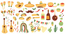 Mexican Set. Cinco De Mayo Collection Elements. Hand Drawn Pinata, Musical Tools, Food And Cactus. Mexican Festivals And Traditions. Vector Illustration Isolated On White Background.