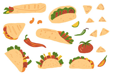 Wall Mural - Mexican fast food set. Burrito, taco, nacho. Traditional culture cuisine tortilla with meet, salad, pepper vegetables. Vector flat hand drawn illustration isolated