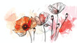 Ink pencil watercolor poppy flower sketch. Line art