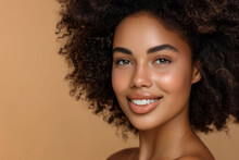 Fashionable African Brazilian  Portrait Of Cute Lady Indoors. Close Up Beautiful Model  Happy In Elegant Pose Isolated On Beige Background. Closeup Beauty Frizzy-haired Woman With Hairstyle 