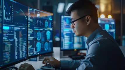 Business man using AI technology for data analysis, coding computer language with digital brain