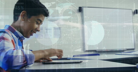 Wall Mural - Image of asian boy using digital tablet in classroom over padlock and infographic interface