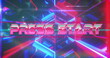 Image of press start text banner over neon red and blue glowing tunnel in seamless pattern