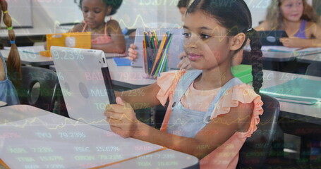 Wall Mural - Image of asian girl using digital laptop in classroom over trading board and globe