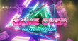 Image of game over text banner over neon green and pink glowing tunnel in seamless pattern