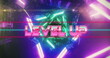 Image of level up text banner over neon green and pink glowing tunnel in seamless pattern