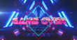 Image of game over text banner over neon blue glowing tunnel in seamless pattern
