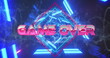 Image of game over ready text banner over neon blue glowing tunnel in seamless pattern
