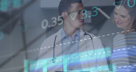 Wall Mural - Image of data processing over caucasian male doctor and female patient