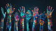 LGBTQ bunte Arme und Hände nach oben gestreckt auf schwarzem Hintergrund leuchtend in Regenbogen neon Farben Gleichberechtigung isoliert Generative AI