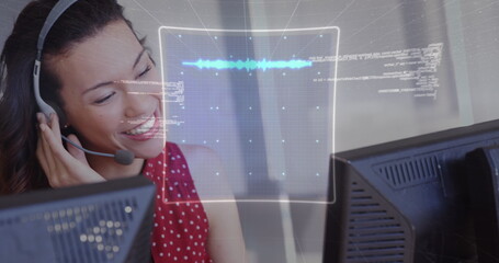 Wall Mural - Image of data processing over biracial businesswoman in office