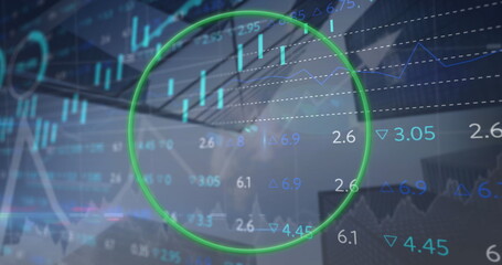Wall Mural - image of circle, multiple graphs and trading board over low angle view of buildings