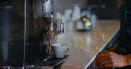 Poster - Image of data processing over caucasian businessman with coffee