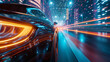 Rear view of Futuristic Car with high fast and speed through neon mega cyber city background, High acceleration car on tack with glowing light trails, night scene neon.
