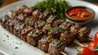 Juicy grilled skewers on a plate with fresh herbs and dipping sauce. Perfect for food blogs, menu design. High-quality cuisine image. AI