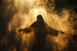 Man with outstretched arms in a wonderful light, view of the back of Jesus Christ