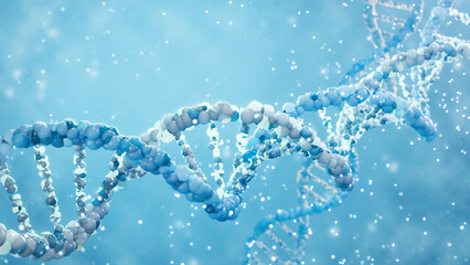 Wall Mural - 3d render of dna double helix with glowing particles. biotechnology and scientific concept for genet