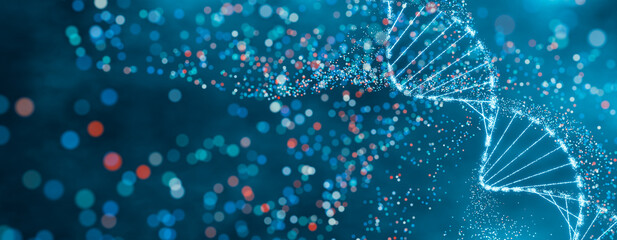 Wall Mural - sparkling dna helix structure in blue and red. high-tech concept of genetic research, bioinformatics