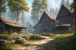 Ancient European settlement in a picturesque dense forest. Houses made of wood and stone, with roofs covered with reeds.