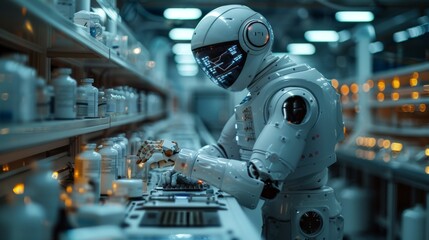 Sticker - Advanced robotic technician operating in a futuristic pharmaceutical laboratory