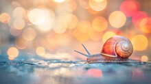 A Snail Crawls Gracefully With A Soft Bokeh Light Background At Dusk.