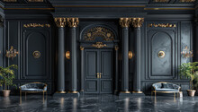 Black Wood Paneling On The Door And Wall With Gold Decoration In The Style Of Baroque Interior Design. Created With Ai