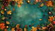 Richly decorated autumn frame with pine cones, leaves, and holiday ornaments on a teal background.