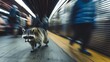 Raccoon navigating a bustling subway station, blending into the chaos of commuters.