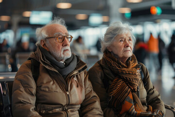 Elderly couple at the airport waiting for their flight on vacation